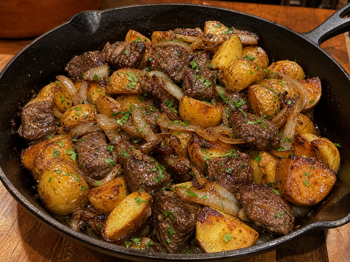 Garlic Butter Steak Bites with Caramelized Onion Potatoes