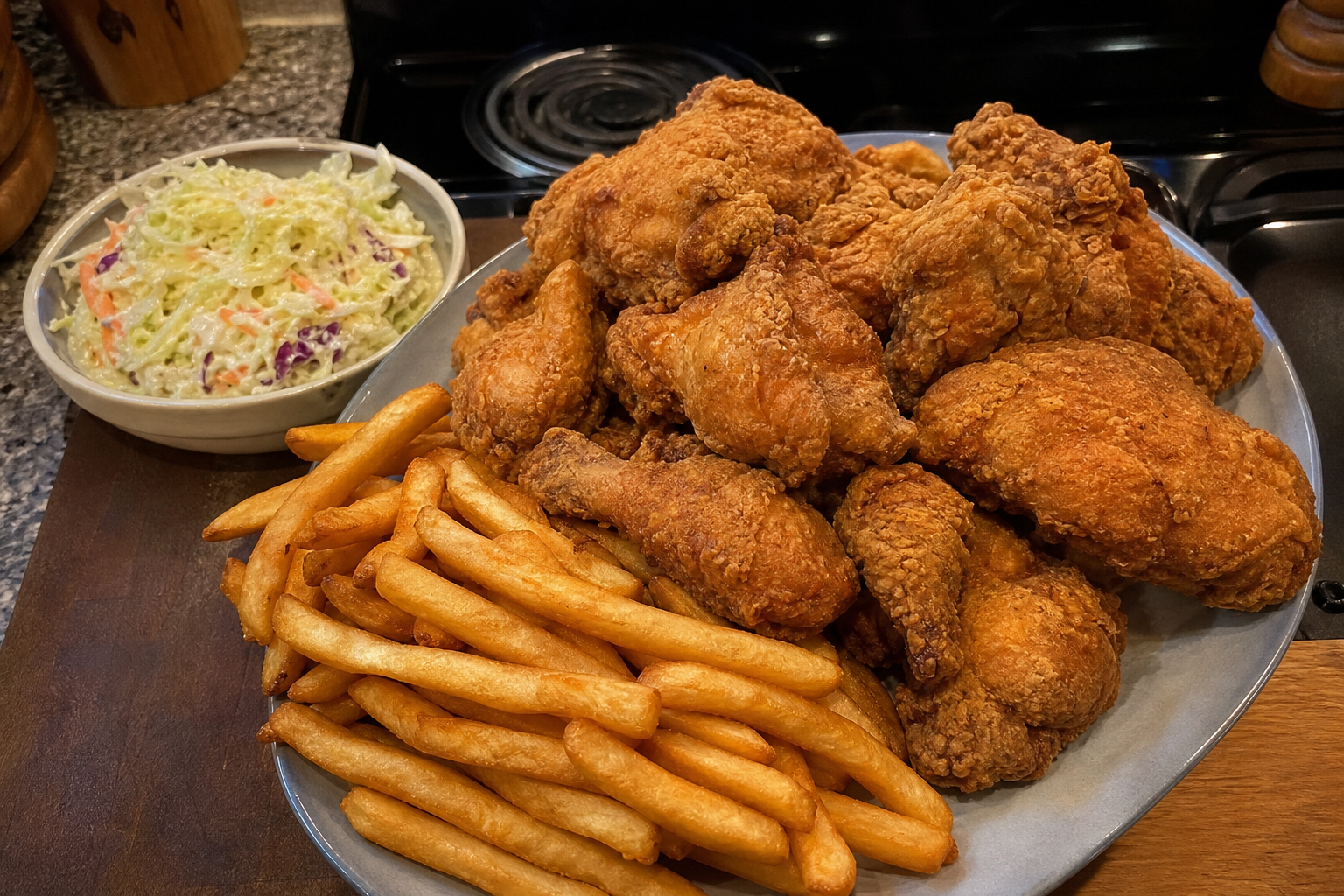 Crispy Southern Fried Chicken with Fries and Creamy Coleslaw